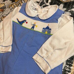Petit Ami Smocked Longall Romper 2T Boy Blue Gingham Knight Dragon Castle